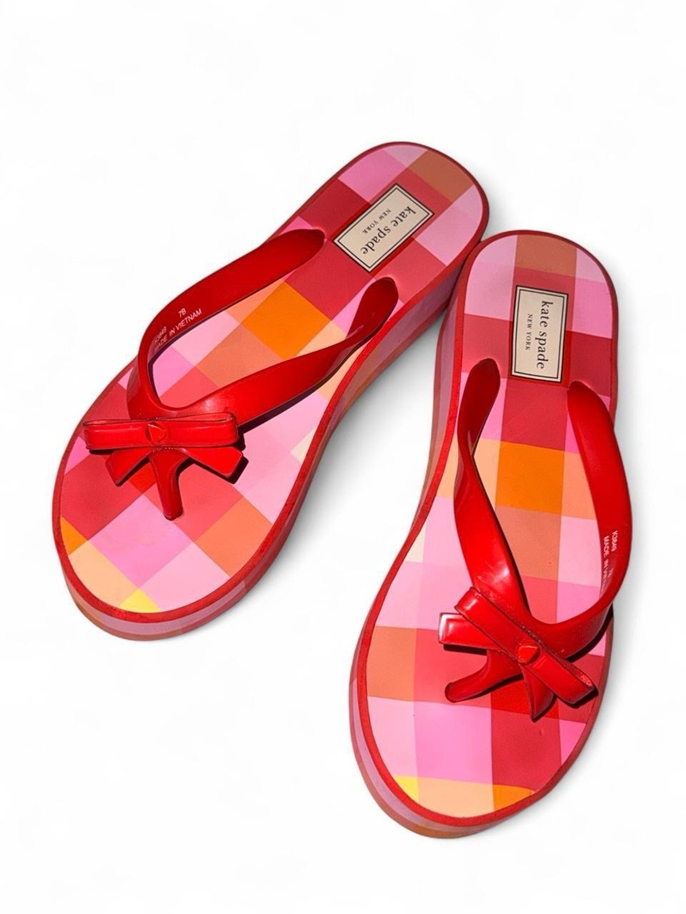 kate spade Red Pink Orange Check Platform Flip Flops